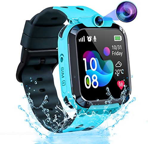 Smartwatch Kinder, Kinder Smartwatch mit GPS und Telefon, Wasserdicht Smart Watch Kinderuhr GPS mit IP68 SOS Anruffunktion Spiel Voice Chat Wecker Schulmodus für Jungen Mädchen Student Geschenk