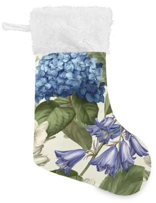 OTVEE Blue Hydrangeas and Bluebells Christmas Stockings 1 Piece, 17.7 inches Velvet Hanging Decorations Stockings for Family Holiday Fireplace Xmas Tree Party