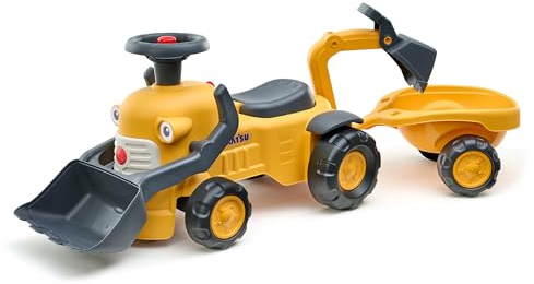 Falk - Porteur Tractopelle Komatsu - Pelle Frontale - Dès 12 Mois - 90% de Plastique recyclé - Excavatrice & Remorque - Fabriqué en France - 916N - Jaune