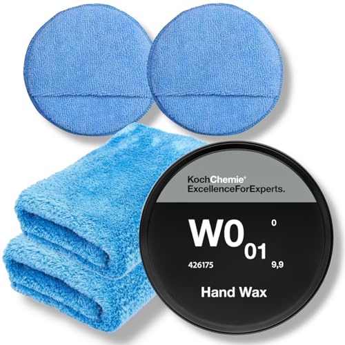 Koch Chemie Hand Wax W0.01 High End Autowachs Versiegelung Set | Lackschutz Autowachs | wasserabweisende Lackvesiegelung mit 2 Mikrofaser Poliertücher & 2 Mikrofaser Applikatoren