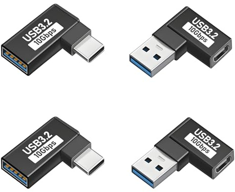 Leloco USB C Winkelstecker 90 Grad Adapter 10Gbps für Smartphone | 4 Stück USB A auf USB C Winkel Adapter aus Aluminium. Unterstützt 10Gbps Datentransfer, 5V/3A Laden und OTG.