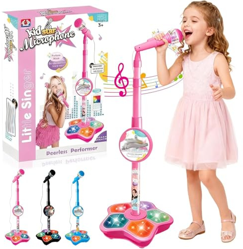 2026 New Microphone Toy, Kids Karaoke Machine with Stand, Kids Microphone with Adjustable Stand, Speaker and Flashing Stage Lights, Sing Musical Toy for Girls & Boys Christmas Birthday Gifts (Pink)