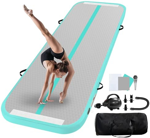 UrbanLuxe Air Tumble Track Gymnastics Mat, Inflatable Gymnastics Tumbling Mat 6.6ft 10ft 13ft 16ft 20ft/4In Air Tumble Track with Air Pump, For Family Use/Yoga/Water/Dance-4m, Grey-Green