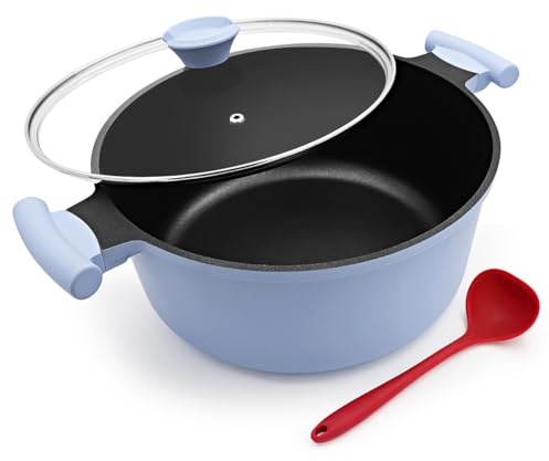 Bobikuke Faitout 28 cm avec couvercle, grande 7L casserole antiadhésive saine pour tous types de cuisinières, avec double poignée - Bleu