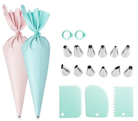 Juego de mangas pasteleras y boquillas para decoración de tartas: 2 bolsas pasteleras de 12 pulgadas reutilizables y 12 boquillas de acero inoxidable para decoración de pasteles, 3 raspadores y 2