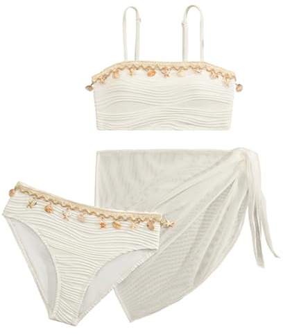 Happy Cherry Ragazze Costumi da Bagno 3pz Set Bikini Top Tracolla Regolabile e Slip con Gonna a Rete Triangolare Costume Nuoto Surf Estivo Tinta Unita Bianco 11 Anni
