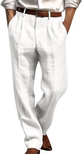 Mens Pleated Suit Trousers, Cotton Linen High Waist Cargo Pants Straight Legs Golf Smart Rugby Trouser Lightweight Business Office Pant S-3XL White