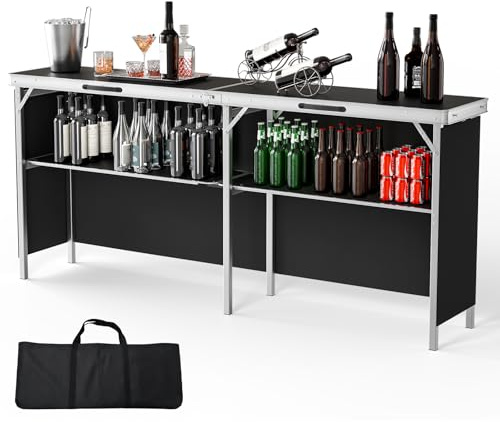 Bonnlo Campingtisch aus Aluminium, 2-stufige Ablage mit Oxford-Stoff, Outdoor Bartisch Klappbar, Leicht & Tragbar, inkl. Tragetasche, 198 x 38,5 x 87cm, bis 50kg, für Camping, Garten, Party & Picknick