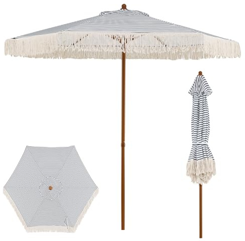 RELAX4LIFE Ombrellone da Giardino 2 x 2M con 6 Costole, Palo in Alluminio, Stile Boemo, Ombrellone da Esterno con Decorazione a Frange per Spiaggia, Terrazzo e Piscina (Blu)
