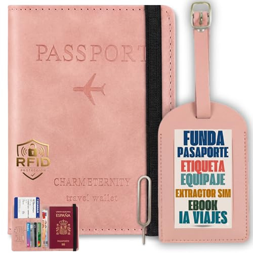 Calmatravel Funda Pasaporte Etiqueta Identificador Maleta Kit Viaje Completo con Extractor SIM Portadocumentos Cuero Bloqueo RFID Cartera Pasaporte Accesorios Viaje Ebook Incluido prompts Viajes Rosa