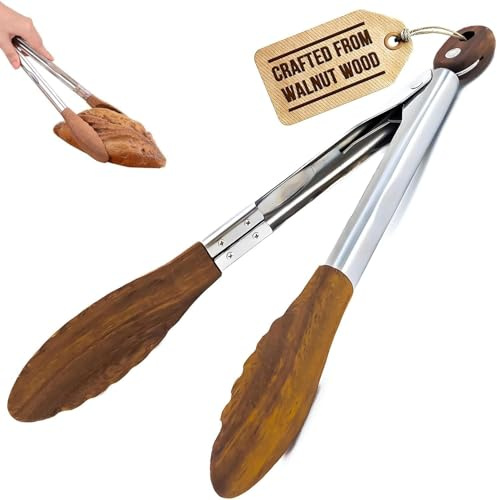Raheem 11 Inch Wooden Tip Kitchen Tongs with Stainless Steel Handle + 2PCS 50C Transparent Acrylic Wall Hooks (6x6cm) Salad Bread Cooking Tongs Ideal for Kitchen, Grilling, Bakery, Restaurant