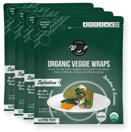 WrawP Organic Mini Veggie Wraps - SPIRULINA (4 pack) SHELF STABLE, All Natural, Gluten Free, Paleo, Raw Vegan. Perfect for Wraps, flat bread, snack, chips