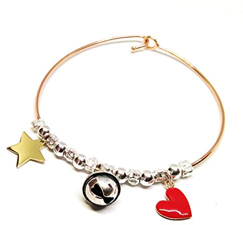 BRACCIALE RIGIDO in ARGENTO 925, con palline,pepite martellate e ciondoli STELLA,CAMPANELLINO e CUORE