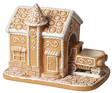 Villeroy & Boch Winter Bakery Decoration Stazione Ferroviaria di Pan di Zenzero, Portacandelina Decorativo in Porcellana Dura, Marrone/Bianco