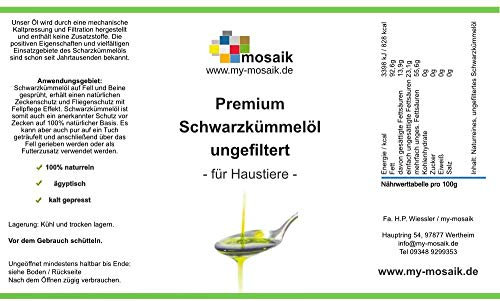 my-mosaik SchwarzkümmelölSchwarzkümmelöl für Hunde - 100% rein, ungefiltert, kaltgepresst - abgefüllt in Deutschland - Fütterung & Fellpflege (250ml)