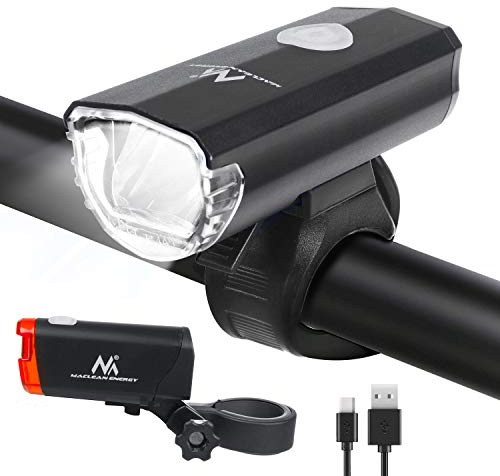 Maclean MCE312 Juego de Luces para Bicicleta Delantero + Trasero 2 Modos de iluminación Batería incorporada de 1500 mAh y 2xAAA Certificación DE (StVZO)
