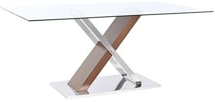 DRW Mesa de Comedor Rectangular de Cristal y Mdfen Natural, Marron y Transparente 180x90x76cm, 180x90x76 cm