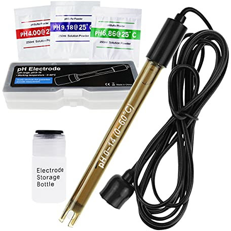 GAIN EXPRESS Elettrodo di PH Combinato ad Alta precisione per monitoraggio Continuo del PH, sonda PH 0-14 con Cavo connettore BNC Lungo 200 cm e Kit di Sostituzione Polvere di calibrazione