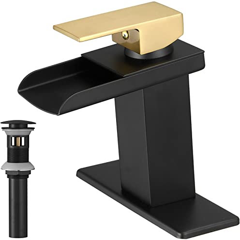 Bathfinesse Robinet de lavabo de salle de bain doré avec cascade noire mate moderne lavabo monotrou une poignée avec bonde de vidange en métal, robinet mitigeur trop-plein ligne d'alimentation en eau