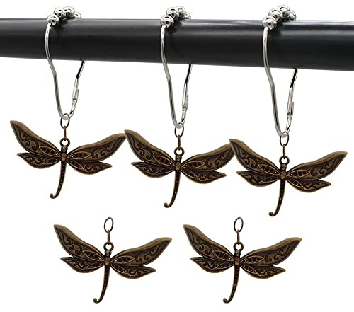 Dragonfly Shower Curtain Hooks for Bathroom Decorate Shower Rod , Rust Proof Metal Stainless Steel Curtain Rings Set of 12 with Dragonfly Insects Garden Themed Decor Bathroom Bathtub (Bronze)