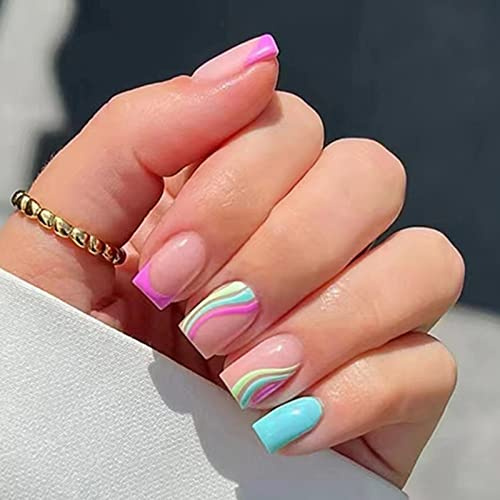 JUSTOTRY 24 Stück Press on Nails Swirl Viereckig Kurz, Rainbow French Künstliche Nägel mit Wavy Pattern, Kunstnägel Nägel Zum Aufkleben, Pastel Fingernägel Fake Nails Kurz für Frauen