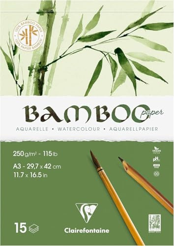 Clairefontaine 975920C - Block Bamboo Aquarelle, einseitg geleimt, 15 Blatt Bambuspapier 250g, DIN A3 29,37x42cm, 1 Block