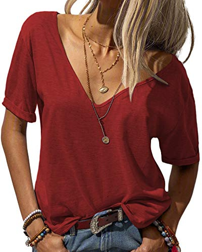 Tankaneo T-shirt pour femme à la mode, avec col en V, à manches courtes, couleur unie, décontractée, basique estivale, rouge, X-Large