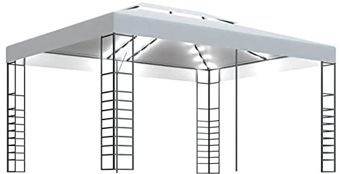 Homgoday Gazebo con Stringa di Luci LED 4x3x2,7 m Bianco, Gazebo da Giardino, Gazebo Ombrellone da Giardino Spiaggia Pesca Esterno Antivento per Arredo Giardino Terrazzo Ambienti