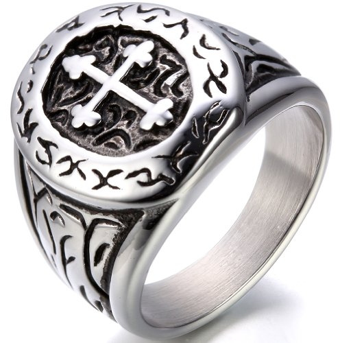 JewelryWe Schmuck Retro Herren-Ring Edelstahl Kreuz von Lothringen Patriarchalischen Siegelring Bandring Band mit Gravur Gold Größe 57 bis 70
