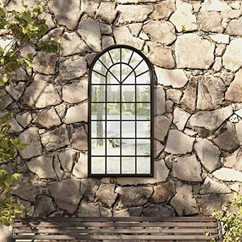 ZEYUAN Gartenspiegel, Spiegel Fenster, Kirchenfenster, Fensterförmiger Spiegel, Window Mirror, Fensterspiegel, Spiegel Landhausstil, Wandornament, Schwarz 90x45 cm Eisen