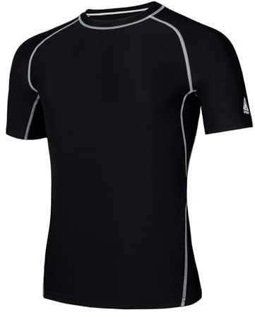 AMZSPORT Herren Rash Guard Shirt, UPF 50+ UV Schutz Kurzarm T-Shirt, Schnelltrocknendes Sonnenschutz Vest für Surf, Schwimmen, Angeln, Laufen, Schwarz, M