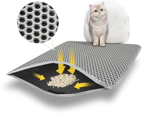 Tappetino Lettiera Gatto 60 x 45 cm, Tappeto Lettiera Gatto Design a Fori Larghi, Doppio Strato Impermeabile Tappetino per Lettiera Gatto, Non Tossico Tappetino Gatto Lettiera Grigio