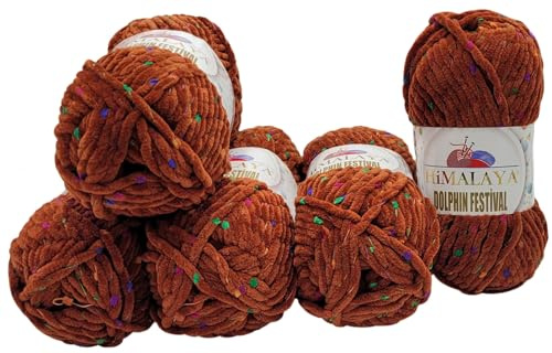 5 x 100 Gramm Himalaya Dolphin Festival Strickwolle Babywolle Mehrfarbig, 500 Gramm Strickgarn super Bulky gesprenkelt (kastanienbraun bunt 81170)
