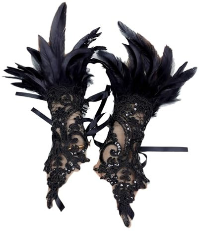 Whakano Damen Handschuhe mit Feder Spitze,Lange Gothic Netzhandschuhe Vintage Spitzenhandschuhe mit Feder,Fingerlose Federschmuck für Hochzeit Party Halloween Kostüm,Schwarz
