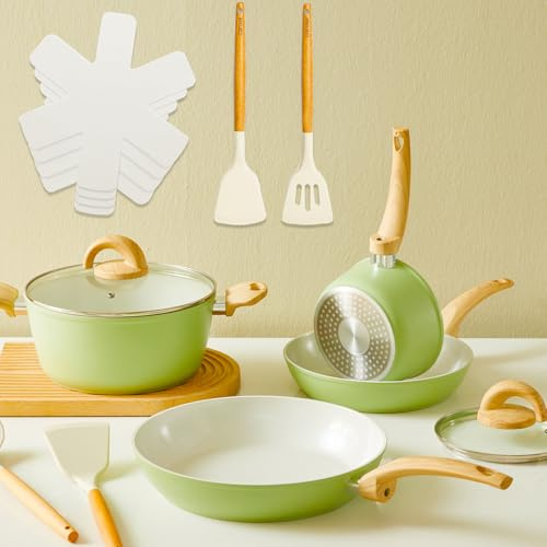 Vkoocy Green Non Stick Pots and Pans Set, Healthy Ceramic Cookware Set, 12pcs Kitchen Cooking Pots and Frying Sauce Saute Pans Set, PFAS-Free with Kitchen Utensils and Lid, Avocado