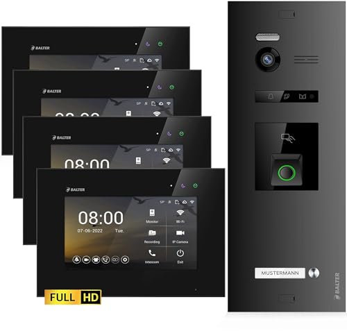 Balter EVO-HD Video Türsprechanlage mit Fingerprint, Video Türklingel, 1 Familienhaus, 4X 7 Zoll Monitore, Türklingel mit Kamera Full HD, 2 Draht Bus, 175° Weitwinkel, RFID,1080P