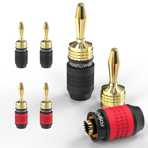 FosPower Conectores Banana Enchufe Banana Deadbolt Sin Soldadura para Cable | para Cable de Altavoz, HiFi, Amplificador y Cine en Casa. Pack de 4 4mm Chapado en Oro 24K Adaptador Cinch, 2 Pares