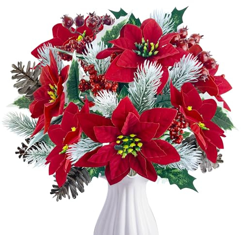 ROLLWAY Künstliche Weihnachtsstrauß, 4 Stück Tannenzweige & Weihnachtsstern | Weihnachtszweige mit Weihnachtsblumen Rot/Kunstblumen Weihnachten Deko Zweige Künstliche Blumen für Tisch Party Innen Aussen