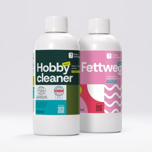FETTWEG Küchen-Fettlöser & HOBBYCLEANER Allzweckreiniger 2 x 500 ml | Fettlöser und Allzweckreiniger im Doppelpack • Bis zu 250 Liter je Konzentrat • Vegan, vielseitig und ohne Mikroplastik