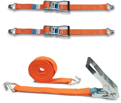 2er Set Spanngurt mit Stabiler Ratsche und Profilhaken, DoZurr 5000, belastbar bis 2500 kg, 50 mm breit x 6 m lang, orange, für LKW und große Anhänger