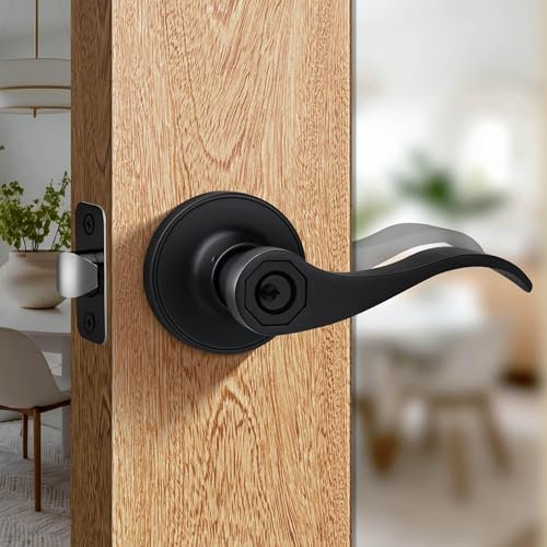 Moquin Wave Design Keyed Entry Door Lever with Lock, Reversible Door Handle for Right/Left Side Front/Entrance Door Lock in Matte Black Finish