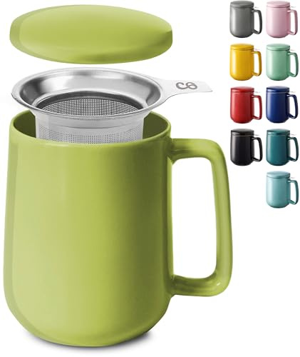 Cosumy Taza de Te con Filtro y Tapa 500ml - Ceramica Verde Matcha - Mantiene Caliente la Infusion - Apta para Lavavajillas