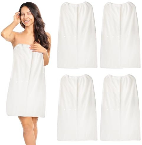 YFNVH 4 Pcs Towel Wrap for Women, Bath Wraps for Shower Spa, White Quick Dry Women Body Wrap Towels, Adjustable Closure Elastic Top Robe Towel Wrap for Gym Sauna Pool Travel, 85cm Length