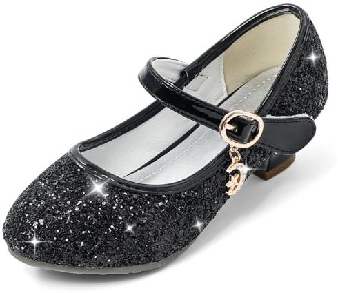 Cheerful Mario 5-10 Ans Chaussures Princesse Filles Paillettes Ballerines Mary Jane à Talon Scintillantes pour Enfant Noir 36 EU Semelle 38