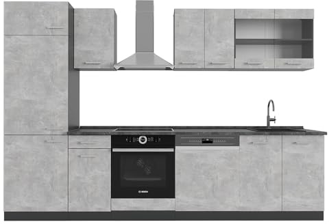 Vicco Küchenzeile R-Line, Beton/Anthrazit, 300 cm, AP Anthrazit, geeignet zur individuellen Erweiterung durch Zusatzmodule