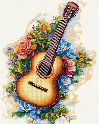 AYAOYANGGO 11CT Kreuzstich Set Stickset Mit Gitarre Und Blumen. Bunte Musikinstrumente. Kreuzstich-Set Für Erwachsene Mit Nadeln，Schereneinfädler，Vordruck Für Die Wanddekoration Zu Hause 40x50cm