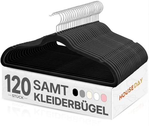 HOUSE DAY Schwarzer Kleiderbügel 120 Stück, Samt Kleiderbügel Rutschfester Filz Bügel -Platzsparende, Premium Schwarzer Anzugbügel, 360° Drehbarer Haken