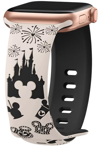 Cartoon Engraved Strap Compatible with Apple Watch Straps 40mm 38mm 44mm 45mm 41mm 42mm 49mm Women, Two-Tone Cute Soft Silicone Sport Strap for iWatch Series 10/9/8/SE/7/6/5/4/3/2/1