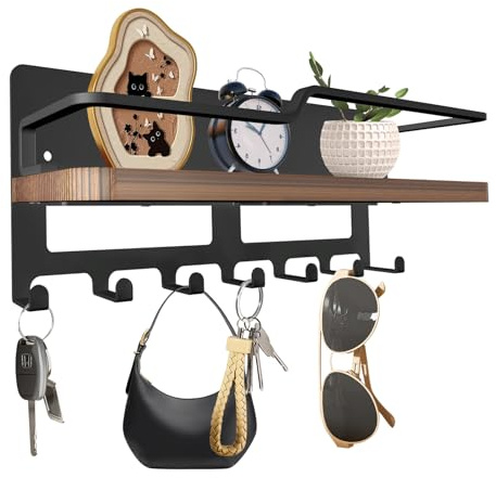 GHWMYD Schlüsselbrett mit Holz Ablage Wand, 7 Haken - Multifunktionales Schlüsselhalter, Retro Schlüsselablage für Eingang, Flur, Wohnzimme & Schlafzimmer, 1Stück