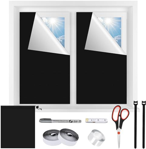 Goeveo 100% Blackout Blinds 300x145cm with Scissors, No Drill Black Out Blinds Stick On, Travel Blackout Blind, Portable Blackout Window Film for Temporary Fit Any Size for Bedroom Skylight